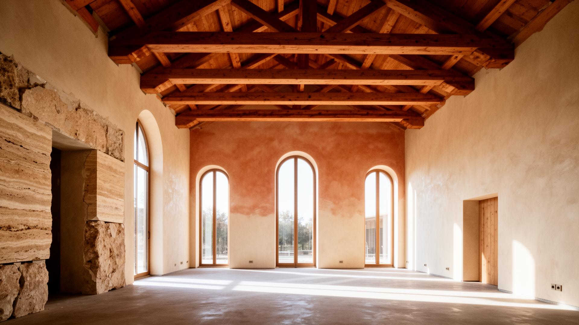 Future Vital expansion — arched windows, warm beams, raw travertine