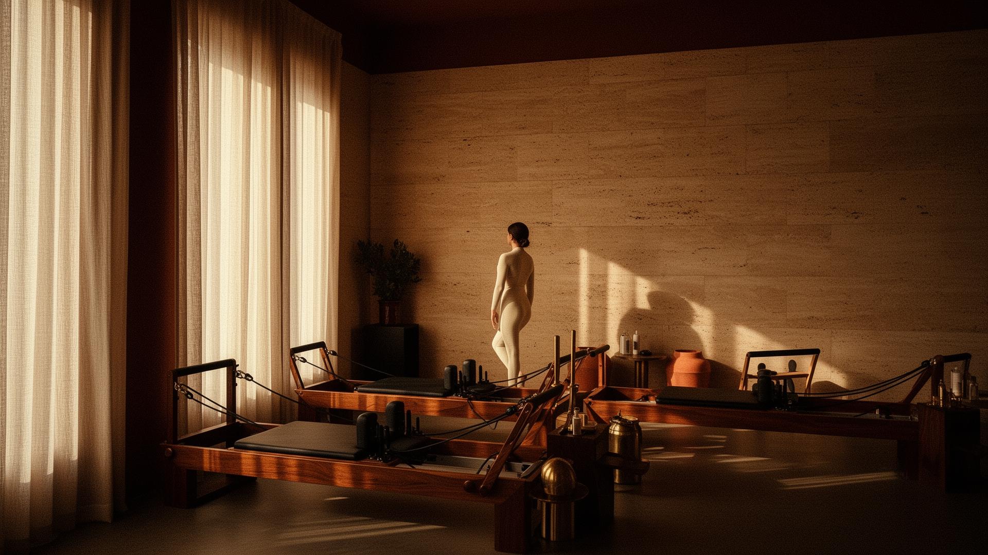 Vital Pilates studio — warm light across travertine and walnut reformers